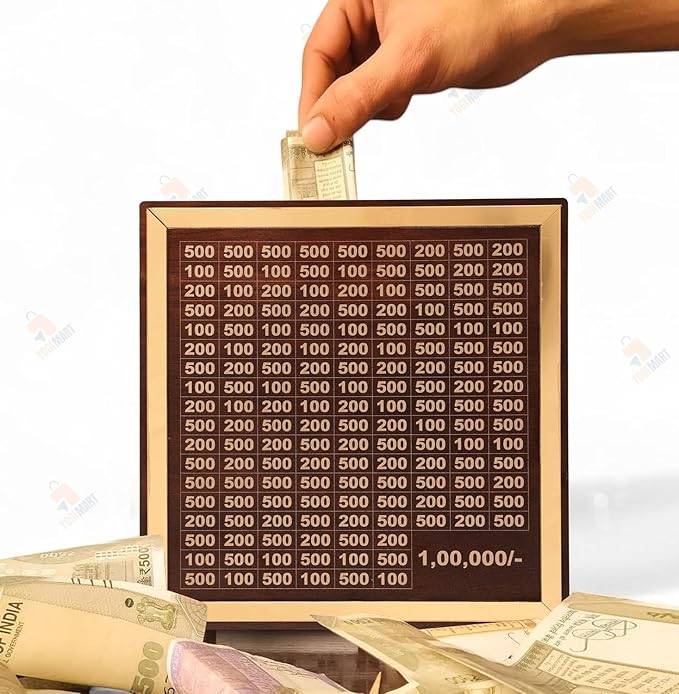 deevudi Money Saving Box for Adults 100000 | Wooden Piggy Bank with Amount Goal | Cash & Coin Storage | Smart Savings Box for Kids & Adults | Carved Design Donation Saver | 1 Lakh Saving Box